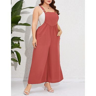 Women's Plus Size Overalls Wide Leg Adjustable Spaghetti Strap Stretchy Long Pants with Pockets