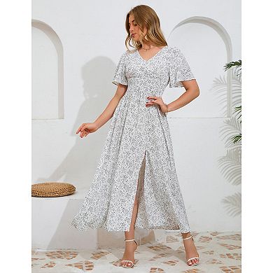 Women's Floral Maxi Dress V Neck Short Sleeve Slit Sundress