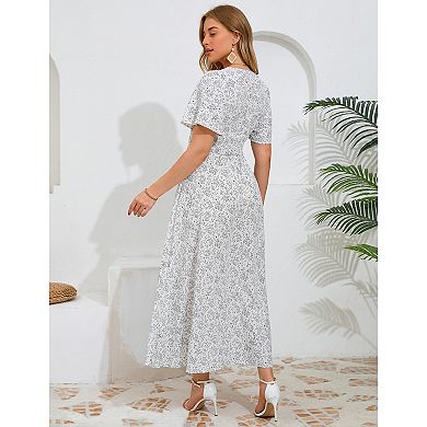 Women's Floral Maxi Dress V Neck Short Sleeve Slit Sundress