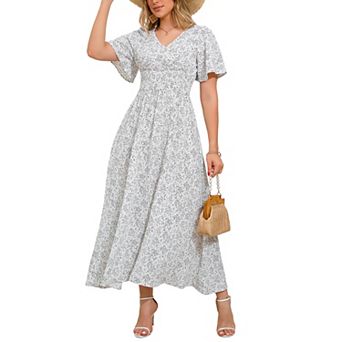 Women's Floral Maxi Dress V Neck Short Sleeve Slit Sundress