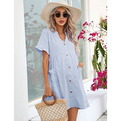 Women Maternity Casual Swiss Dot Button Down Mini Dress with Pocket