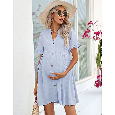 Women Maternity Casual Swiss Dot Button Down Mini Dress with Pocket