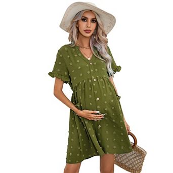 Women Maternity Casual Swiss Dot Button Down Mini Dress with Pocket