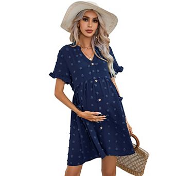 Women Maternity Casual Swiss Dot Button Down Mini Dress with Pocket
