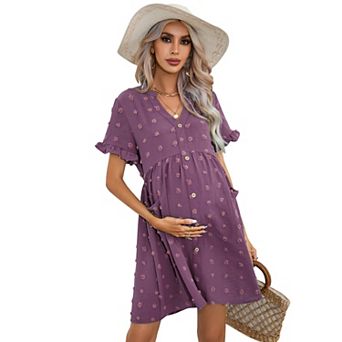 Women Maternity Casual Swiss Dot Button Down Mini Dress with Pocket
