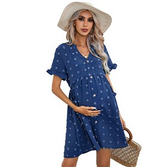 Women Maternity Casual Swiss Dot Button Down Mini Dress with Pocket