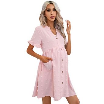 Women Maternity Casual Swiss Dot Button Down Mini Dress with Pocket