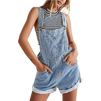 Women's Loose-Fit Denim Overalls Adjustable Straps Cuffed Hem Denim Shorts