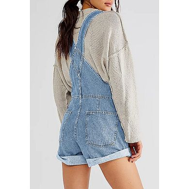 Women's Loose-Fit Denim Overalls Adjustable Straps Cuffed Hem Denim Shorts