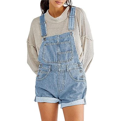 Women's Loose-Fit Denim Overalls Adjustable Straps Cuffed Hem Denim Shorts