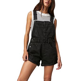 Women's Loose-Fit Denim Overalls Adjustable Straps Cuffed Hem Denim Shorts