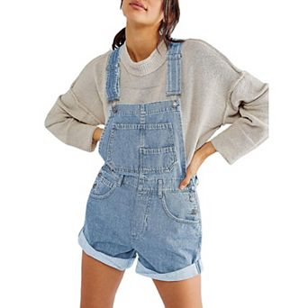 Women's Loose-Fit Denim Overalls Adjustable Straps Cuffed Hem Denim Shorts