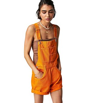 Women's Loose-Fit Denim Overalls Adjustable Straps Cuffed Hem Denim Shorts