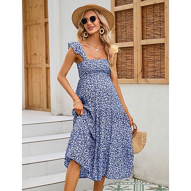 Women Casual Ruffle Strap Dress Midi Flowy A Line Sundress