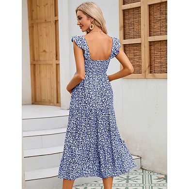 Women Casual Ruffle Strap Dress Midi Flowy A Line Sundress