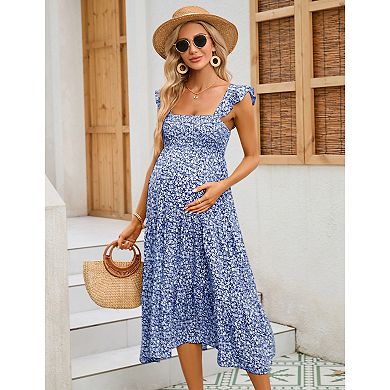 Women Casual Ruffle Strap Dress Midi Flowy A Line Sundress
