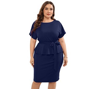 Plus Size Dress for Women Business Bodycon Short Sleeve Midi Dress with Belt