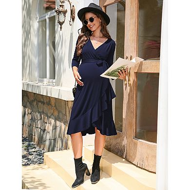 Women Maternity Belted Wrap Ruffle Hem Long Dress