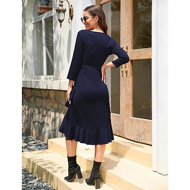 Women Maternity Belted Wrap Ruffle Hem Long Dress