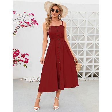 Women Sleeveless Strap Dress Button Down Sundress with Pockets