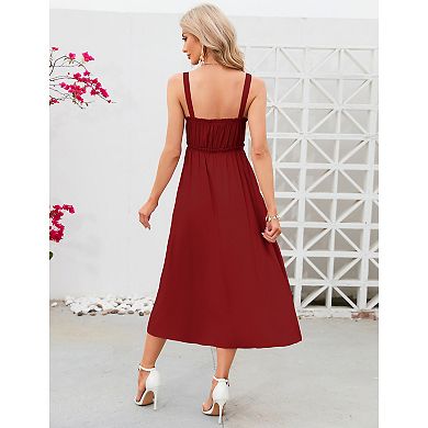 Women Sleeveless Strap Dress Button Down Sundress with Pockets