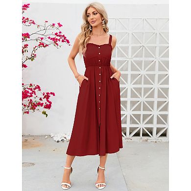Women Sleeveless Strap Dress Button Down Sundress with Pockets