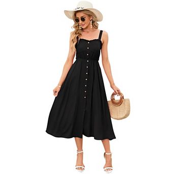 Women Sleeveless Strap Dress Button Down Sundress with Pockets