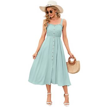 Women Sleeveless Strap Dress Button Down Sundress with Pockets