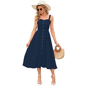 Women Sleeveless Strap Dress Button Down Sundress with Pockets