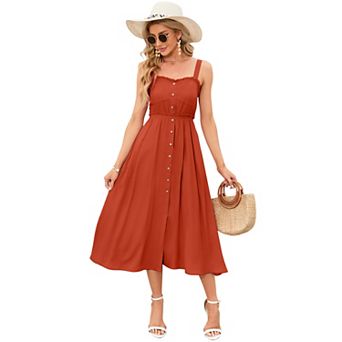 Women Sleeveless Strap Dress Button Down Sundress with Pockets