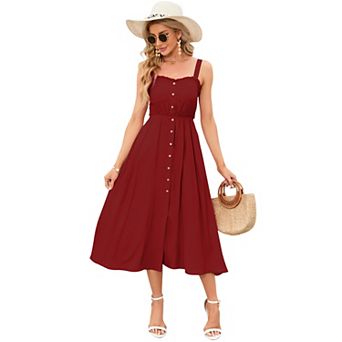 Women Sleeveless Strap Dress Button Down Sundress with Pockets