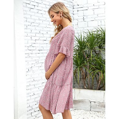 Maternity Floral V Neck Ruffle Sleeve Loose Fit Dress
