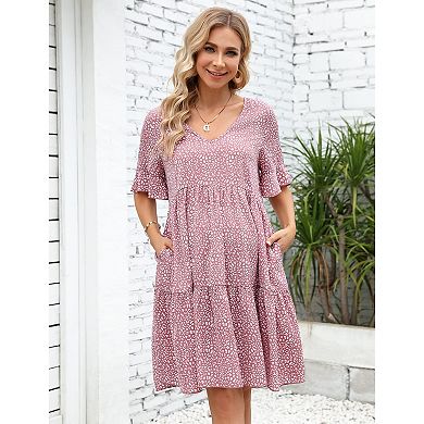 Maternity Floral V Neck Ruffle Sleeve Loose Fit Dress