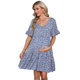 Maternity Floral V Neck Ruffle Sleeve Loose Fit Dress