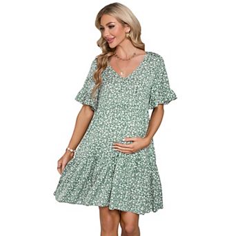 Maternity Floral V Neck Ruffle Sleeve Loose Fit Dress