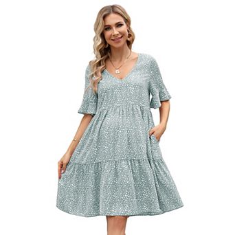 Maternity Floral V Neck Ruffle Sleeve Loose Fit Dress