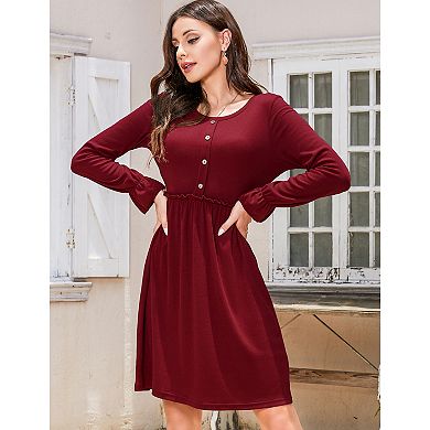 Women's Casual Long Sleeve Button Crew Neck High Waist Dresses