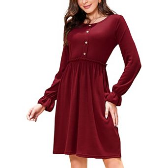 Women's Casual Long Sleeve Button Crew Neck High Waist Dresses