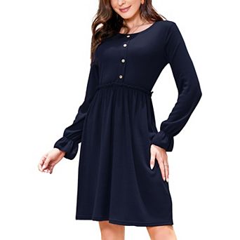 Women's Casual Long Sleeve Button Crew Neck High Waist Dresses
