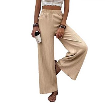 Women Wide Leg Pants High Waisted Pull On Flowy Casual Baggy Palazzo Trousers Pants Resort Wear