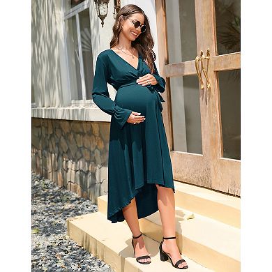 Women's Maternity Maxi Dress Long Sleeve V Neck Irregular Hem with belt