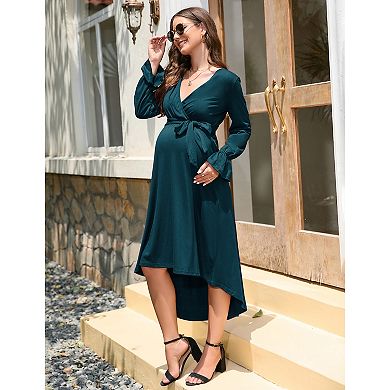 Women's Maternity Maxi Dress Long Sleeve V Neck Irregular Hem with belt