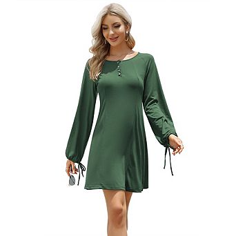 Women Long Sleeve Button Down Crew Neck A Line Mini Dress