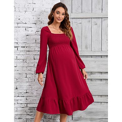 Women Maternity Smocked Square Neck Wedding Guest Long Dress