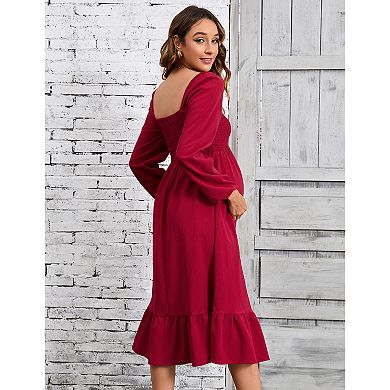 Women Maternity Smocked Square Neck Wedding Guest Long Dress