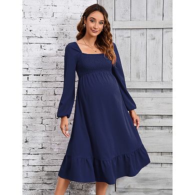 Women Maternity Smocked Square Neck Wedding Guest Long Dress
