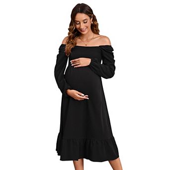 Women Maternity Smocked Square Neck Wedding Guest Long Dress