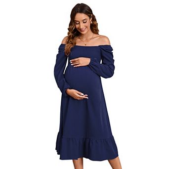 Women Maternity Smocked Square Neck Wedding Guest Long Dress