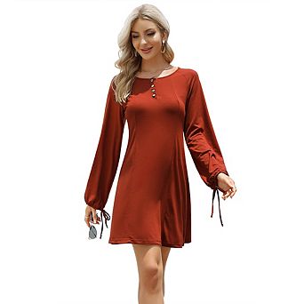 Women Long Sleeve Button Down Crew Neck A Line Mini Dress