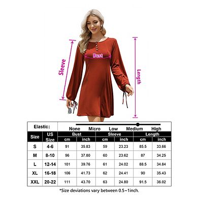 Women Long Sleeve Button Down Crew Neck A Line Mini Dress
